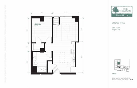 Floor plan for 1 bed, 1 bath